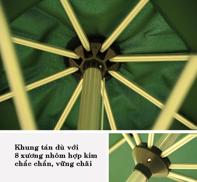 Cận cảnh phần khung tán cấu tạo với 8 xương nhôm hợp kim chắc chắn