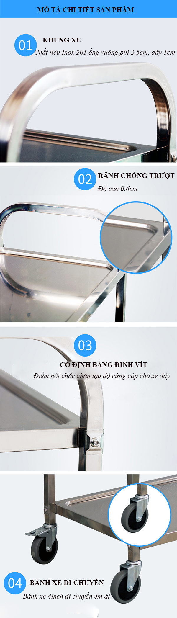 Mô tả chi tiết cụ thể nhất xe đẩy 2 tầng inox