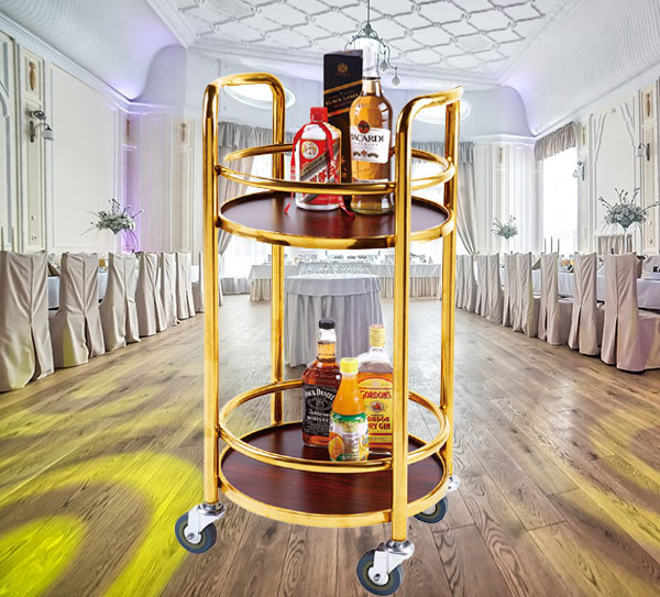 Mẫu xe phục vụ rượu hình tròn bằng inox mạ vàng