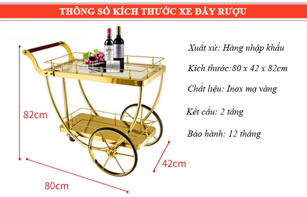 Chi tiết kích thước xe đẩy rượu vang cao cấp nhà hàng