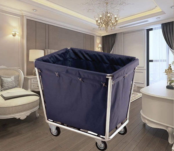Xe đẩy thu gom đồ vải khung inox túi vải màu xanh đậm