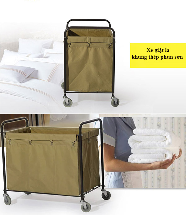 Thiết kế xe giặt là khung thép phun sơn chắc chắn có thể tải được số lượng lớn đồ giặt là