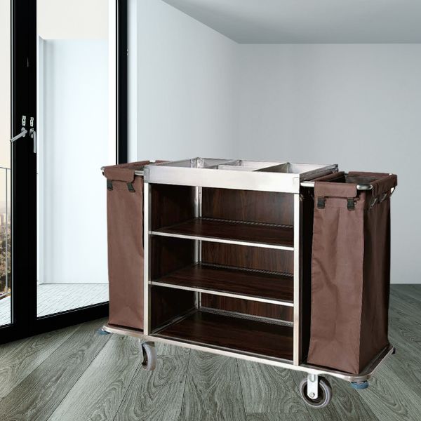 Mẫu xe vệ sinh buồng phòng khung inox 2 túi vải bạt