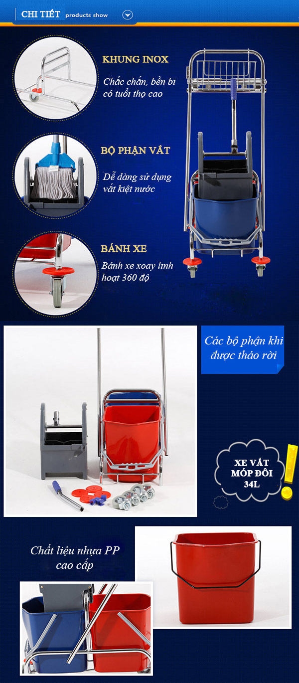 Các chi tiết, bộ phận chính của xe vắt nước cây lau sàn