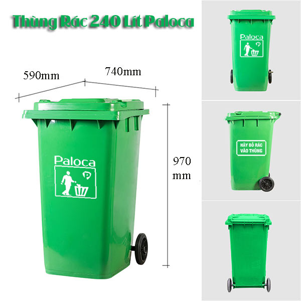 Chi tiết kích thước thùng rác 240 lít nhựa HDPE thương hiệu Paloca