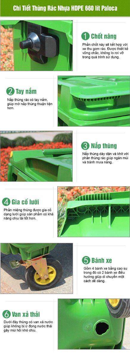 Chi tiết đặc điểm cấu thành thùng đựng rác nhựa HDPE dung tích 660L