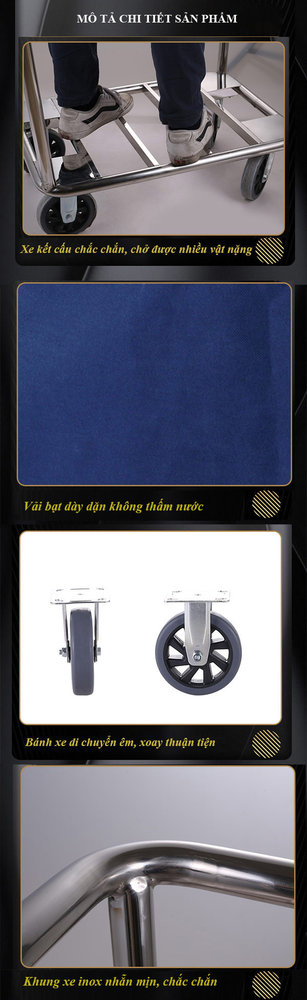 Cấu tạo chi tiết xe giặt là khung inox vải bạt màu tím than