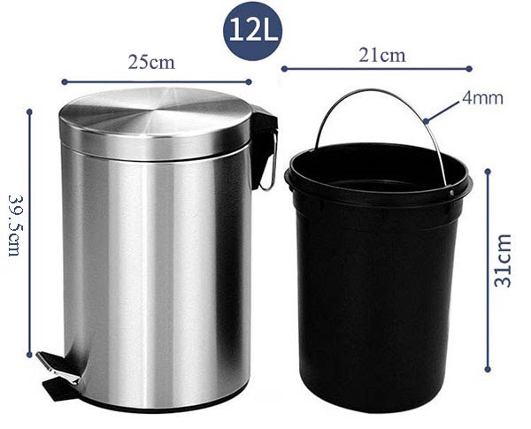Kích thước thùng rác đạp chân inox 12L