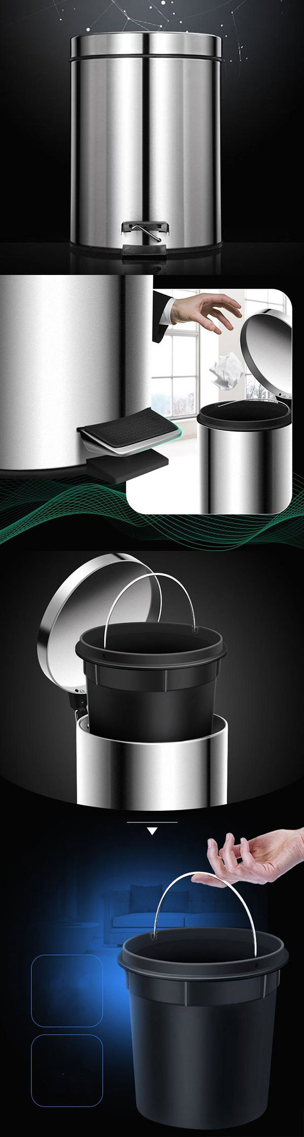 Cận cảnh mọi chi tiết của thùng rác inox 12 lít