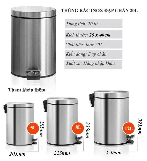 Kích thước thùng rác 20L đạp chân bằng inox