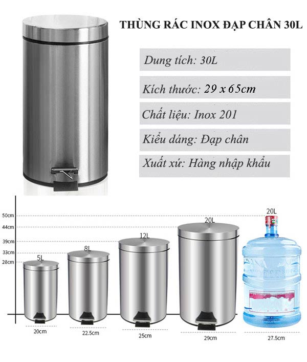 Kích thước thùng rác inox đạp chân dung tích 30L