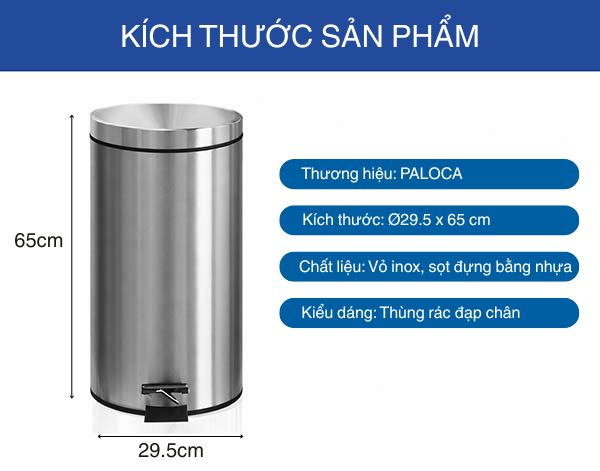 Kích thước thùng rác inox đạp chân dung tích 30L