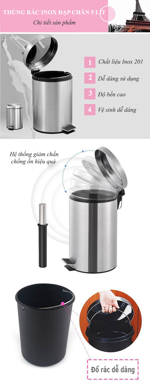 Mô tả chi tiết thùng rác inox tròn