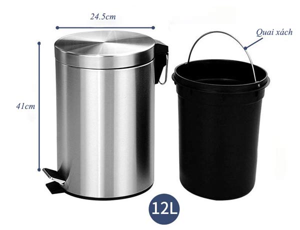 Kích thước thùng rác đạp chân inox 12L