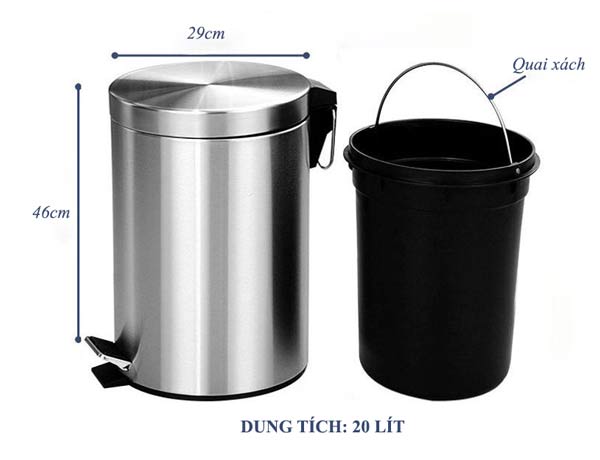 Kích thước thùng rác 20L đạp chân bằng inox