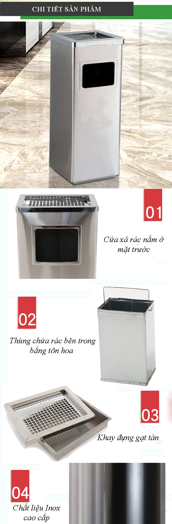 Đặc điểm mỗi chi tiết của thùng rác inox gạt tàn Paloca