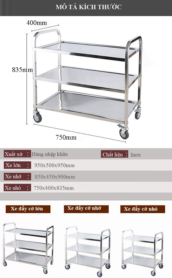 Kích thước xe inox 3 tầng
