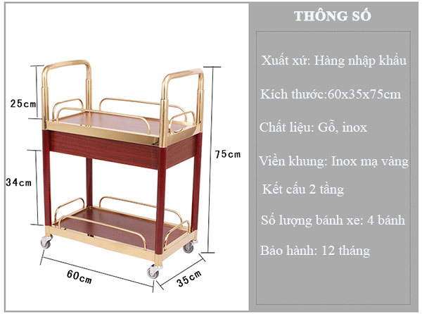 Chi tiết kích thước xe đẩy phục vụ rượu