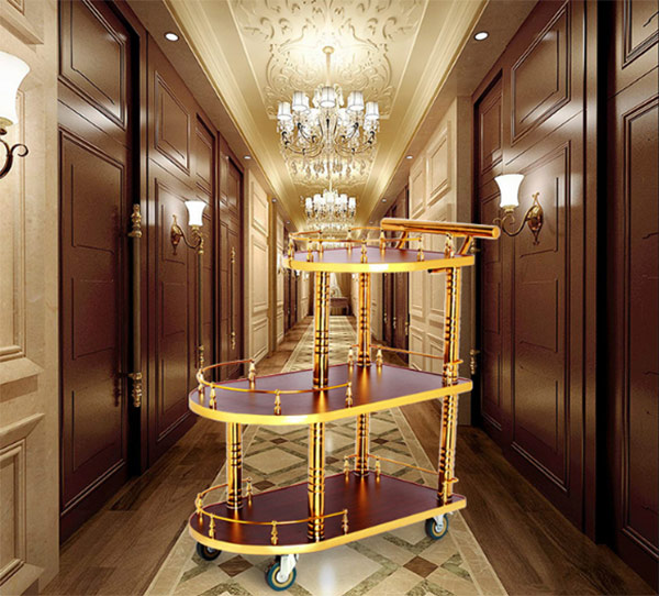 Xe đẩy rượu bằng gỗ kết hợp inox mạ vàng