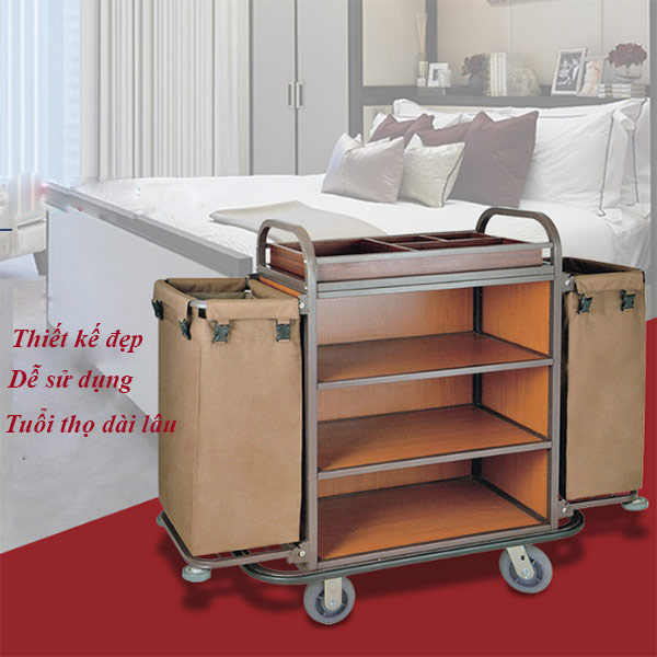 Xe dọn phòng 3 tầng ngăn gỗ dùng trong khách sạn Mẫu xe dọn buồng phòng khách sạn đẹp, giá phải chăng