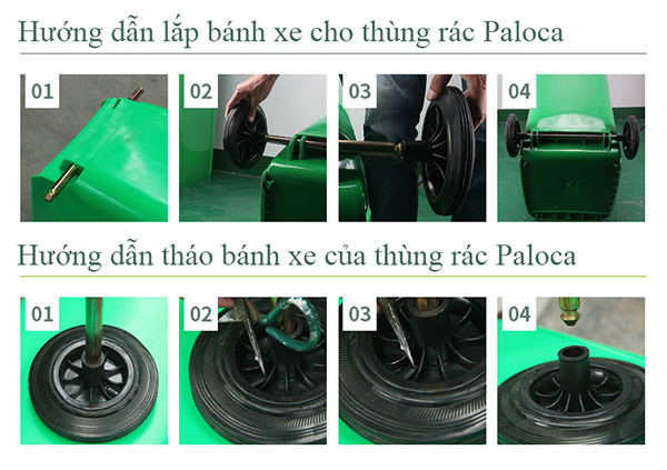 Cách lắp bánh xe và nắp đậy cho thùng rác nhựa