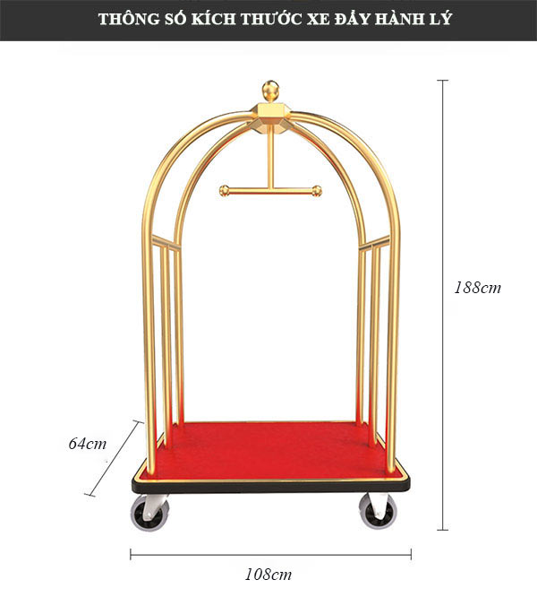 Kích thước xe inox đẩy hành lý màu vàng