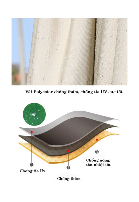 Chất liệu vải dù Polyester che nắng, chống thấm cực tốt