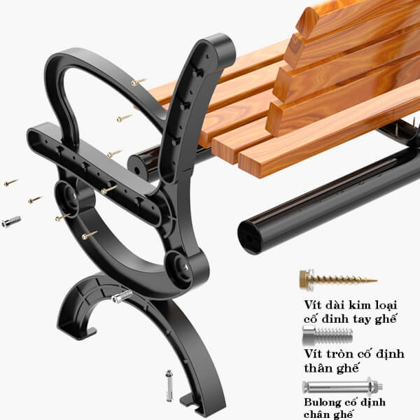 Toàn bộ ghế được vít cố định bằng các vít kim loại cao cấp