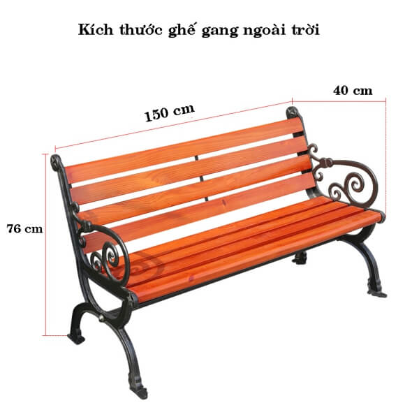 Chi tiết kích thước ghế gang công viên 1,5m