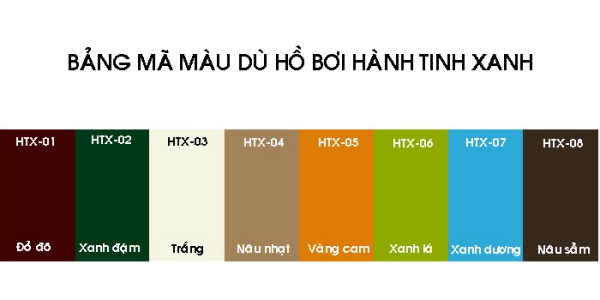 Bảng mã màu ô che nắng bể bơi của Hành Tinh Xanh