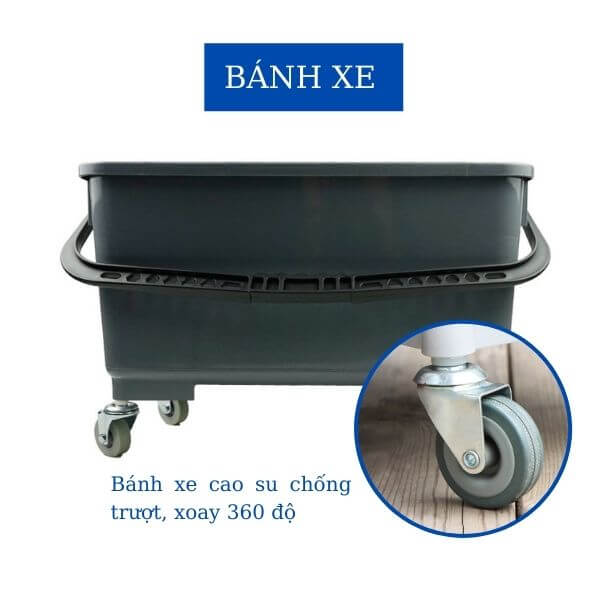 Xô lau thiết kế với 4 bánh xe cao su xoay 360 độ