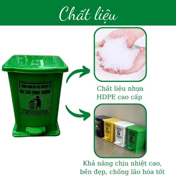 Chất liệu thùng rác làm bằng nhưa HDPE nguyên sinh, chịu nhiệt tốt, chống va đập cao