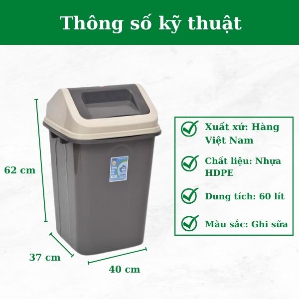Thông số kỹ thuật thùng rác có nắp đậy 60l