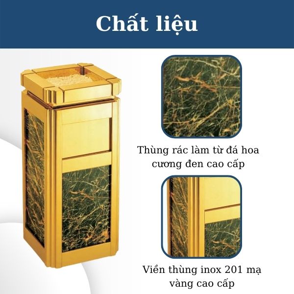 Thùng rác đá hoa cương đen vân trắng viền inox mạ vàng