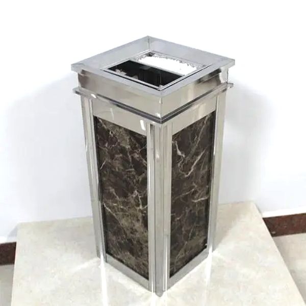 Thùng rác đá hoa cương đen viền inox trắng