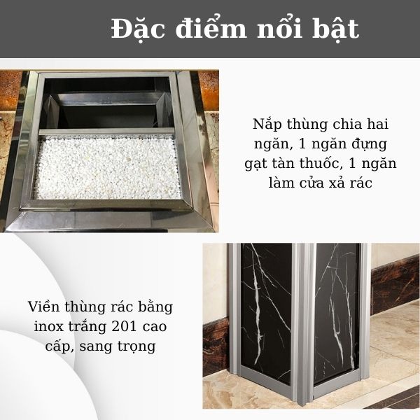 Một số điểm nổi bật của thùng rác đá đen inox trắng
