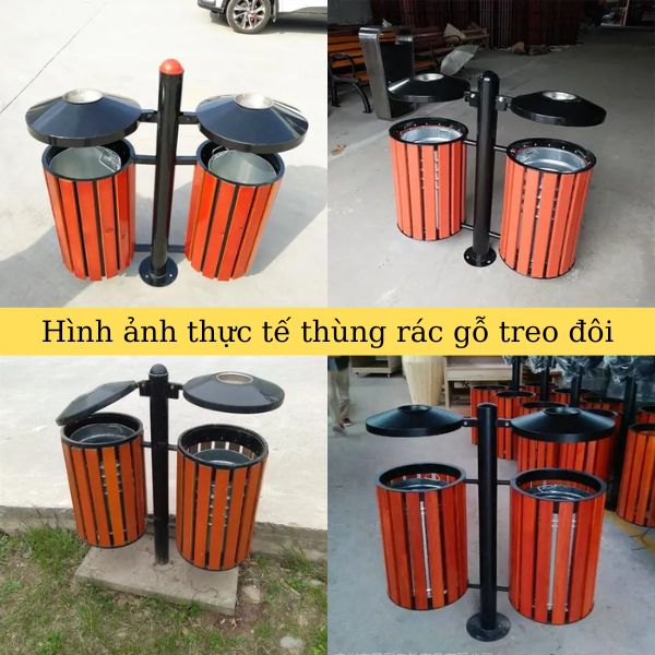 Thùng rác gỗ ngoài trời treo đôi