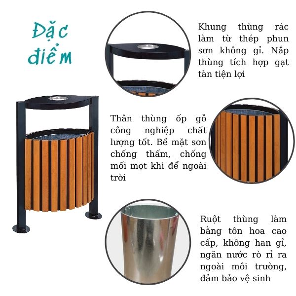 Thùng rác gỗ ngoài trời treo đơn