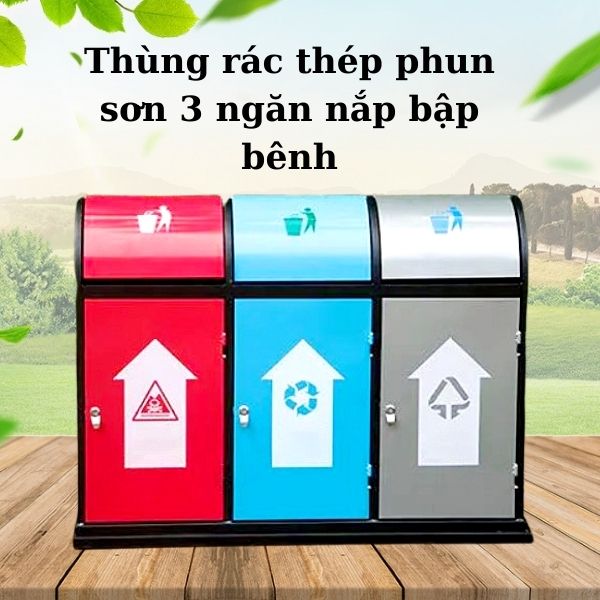 Mẫu thùng rác thép sơn tĩnh điện 3 ngăn cao cấp, bán chạy số #1 hiện nay