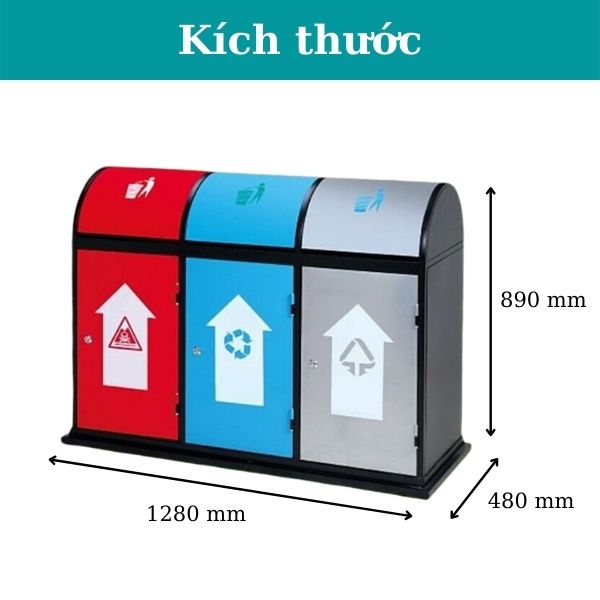 Chi tiết kích thước thùng đựng rác thép 3 ngăn sơn tĩnh điện