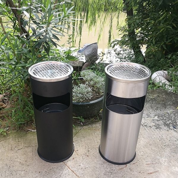 Thùng rác thép phun sơn nắp gạt tàn tròn Ø250
