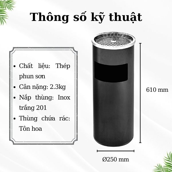 Thông số kỹ thuật thùng rác thép phun sơn tròn