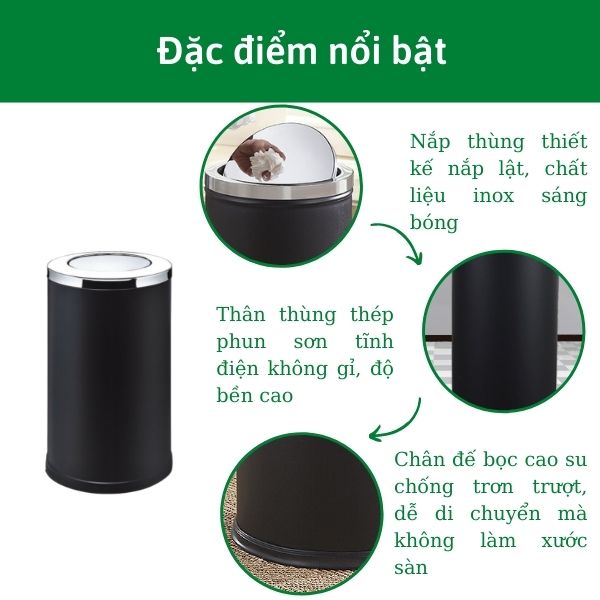 Đặc điểm nổi bật của thùng rác thép sơn tĩnh điện đen nắp bập bênh
