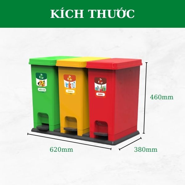 Chi tiết kích thước thùng rác Eco 3 ngăn Duy Tân