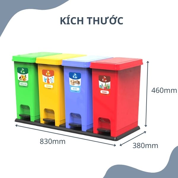 Chi tiết kích thước thùng rác Eco 4 màu phân loại rác