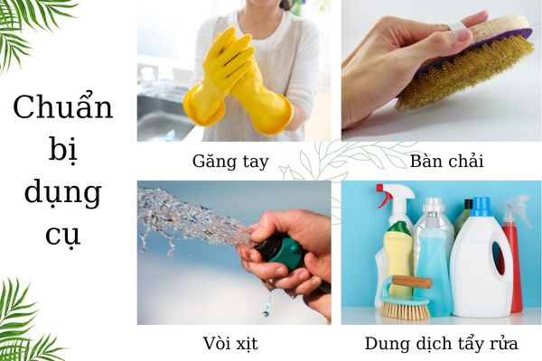 Chuẩn bị dụng cụ trước khi vệ sinh thùng rác