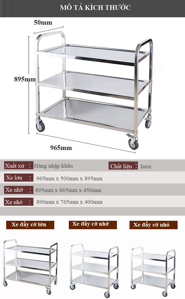 Mẫu xe đẩy inox 3 tầng với nhiều kích thước