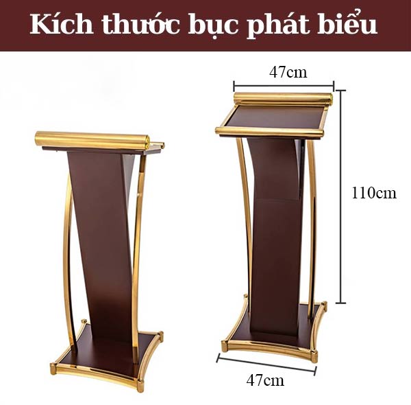 Chi tiết kích thước bục đứng phát biểu bằng gỗ và inox vàng