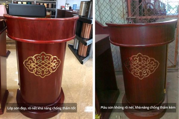 So sánh về lớp sơn của bục phát biểu gỗ chính hãng và hàng nhái