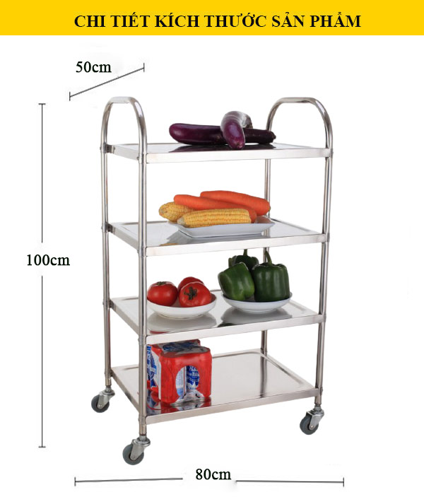 Kích thước xe đẩy inox 4 tầng đựng thức ăn